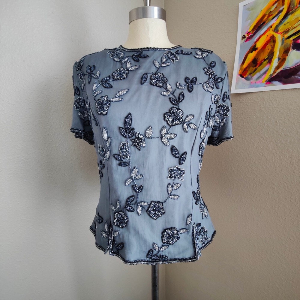 Vintage SCALA Beaded Floral Silk Blouse Top Evening Formal Party Tailored NEW M